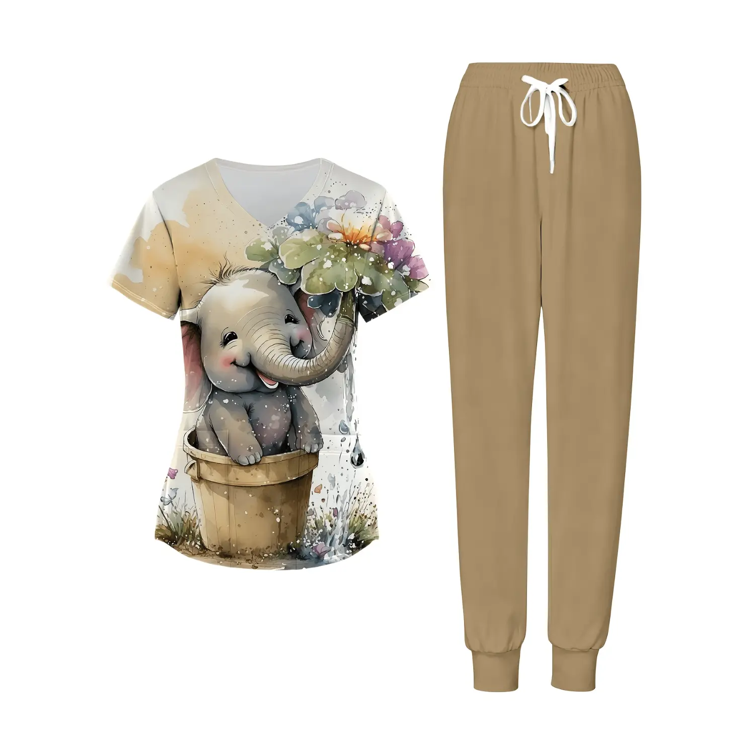 Women's V-Neck Short Sleeve T-Shirt and Pants Set - Khaki Elephant Floral Print, Casual Workwear, Soft and Breathable Fabric with Pockets, Perfect for Spring and Autumn Loungewear