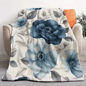 1pc Vintage Floral Throw Blanket - Navy Blue/Gray/White Floral pattern - Soft Flannel All-Season Couch Bedspread - Lightweight & Warm for Home, Camping, Travel, Office Decor - Elegant Vintage Home Accent, Throw Blanket for Couch, Classic Design