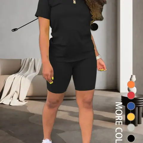 Two-piece Women's Fitted Plain Basic Round Neck Tee & Skinny Shorts Set, Minimalist, Casual Summer Clothes for Women, Short Sleeve Crew Neck T-shirt & Shorts, Summer Outfit for Outdoor, Matching Clothing Set, Casual Beach Set, Fashion Clothes Set