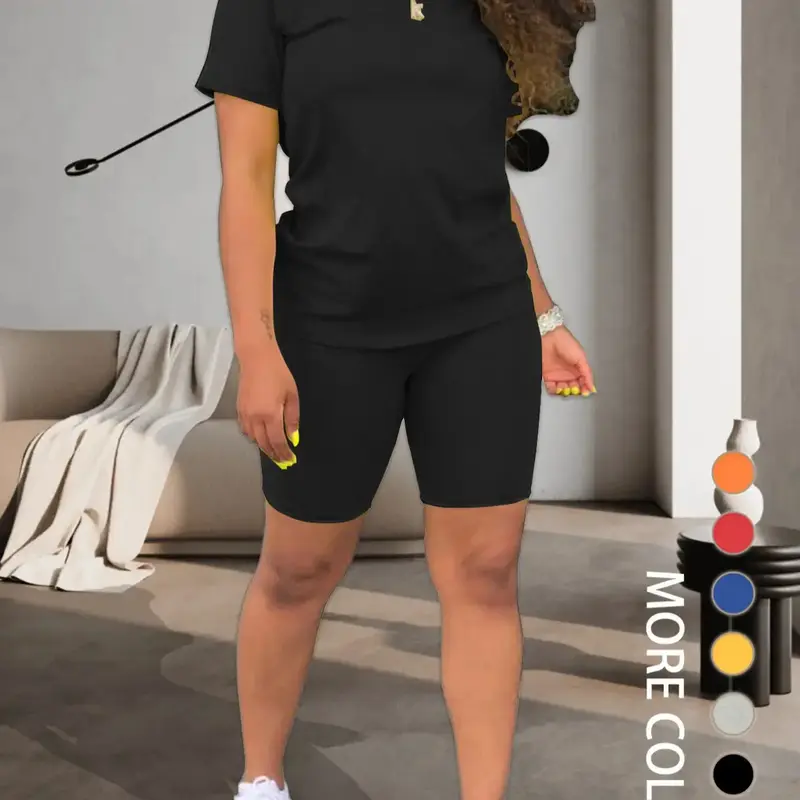 Two-piece Women's Fitted Plain Basic Round Neck Tee & Skinny Shorts Set, Minimalist, Casual Summer Clothes for Women, Short Sleeve Crew Neck T-shirt & Shorts, Summer Outfit for Outdoor, Matching Clothing Set, Casual Beach Set, Fashion Clothes Set