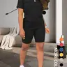 Two-piece Women's Fitted Plain Basic Round Neck Tee & Skinny Shorts Set, Minimalist, Casual Summer Clothes for Women, Short Sleeve Crew Neck T-shirt & Shorts, Summer Outfit for Outdoor, Matching Clothing Set, Casual Beach Set, Fashion Clothes Set