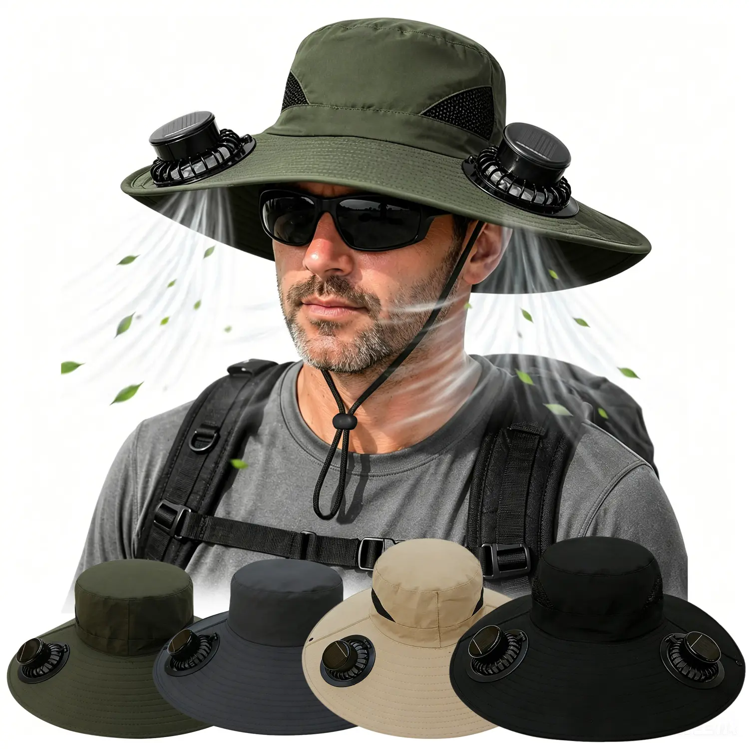 Wide Brim Cooling Bucket Hat with Dual Solar USB Fans,3 Speeds Wind Control,Windproof Drawstring,Lightweight Breathable Fabric,for Fishing,Gardening,Hiking and Summer Outdoor Activities