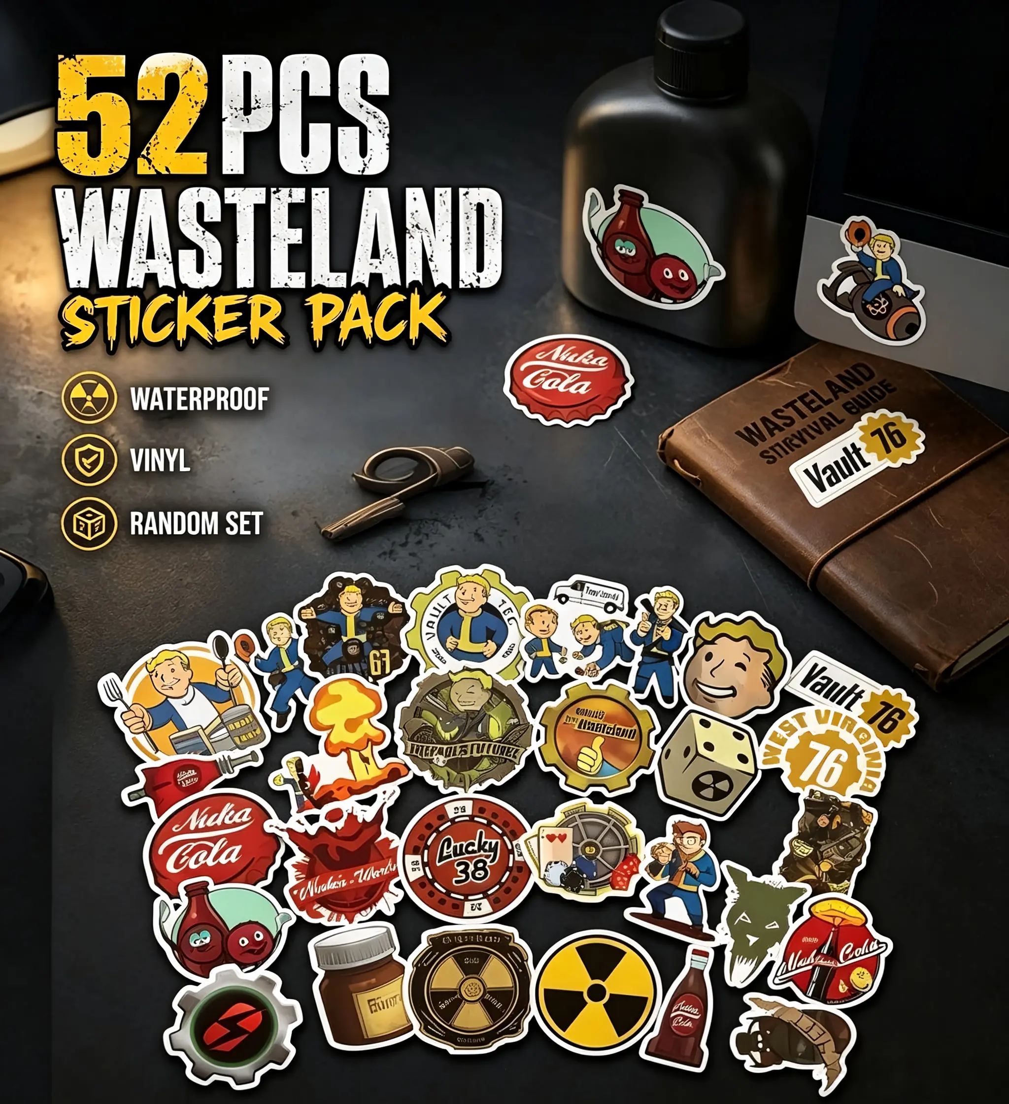 52PCS Waterproof Vinyl Cool Stickers Pack - No-Duplicate Assorted Decals for Gamers' EDC Gear, Laptop, Toolbox - Retro Apocalypse Home Decor Craft Stickers
