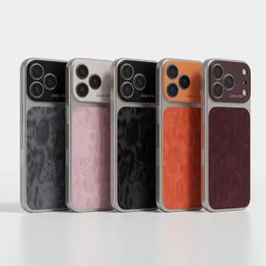 Stylish Leopard Print Large Viewfinder Phone Case Compatible with iPhone 14/15/16 Series, TPU+PC Dual-Layer Shockproof Protective Cover, Anti-Scratch Non-Slip Full Camera Lens Protector, Soft Orange Faux Suede Texture