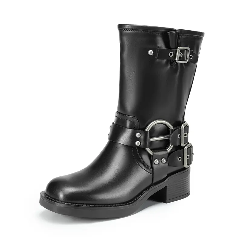 Dream Pairs Women's Sporty Chic Mid-Calf Moto Boots, Casual Footwear with Adjustable Buckle Straps and a Low Heel, Women's Shoes, Slip On