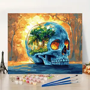 1Pc Skull Terrarium on Flame Background DIY Paint by Numbers 16x20 Inch Unframed Acrylic Coloring for Beginners Fantasy Dark Style Living Room Gaming Room Play Area Decor, Decorative Painting + Birthday/Creative Gift Hit