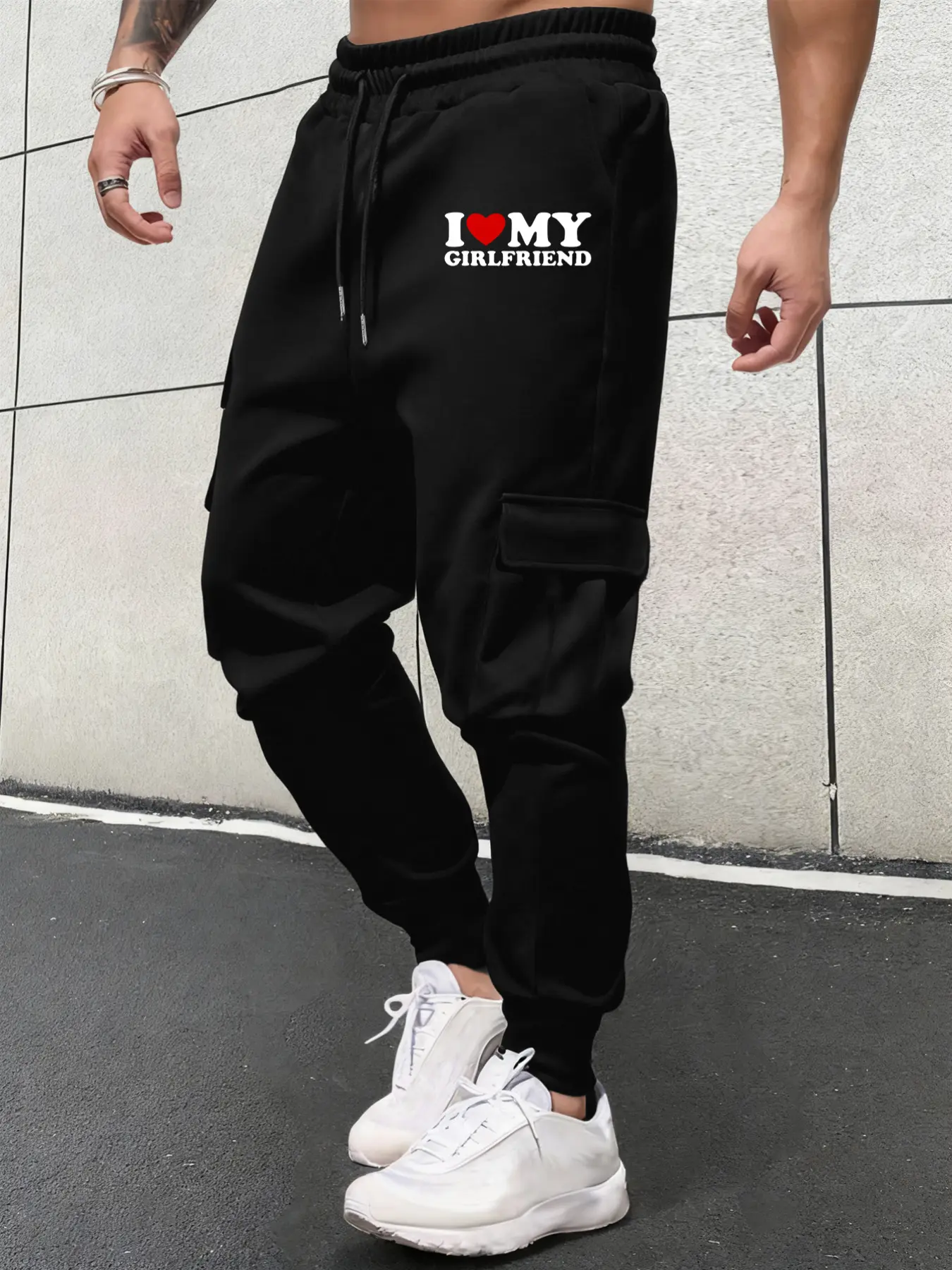 Men's Casual Cargo Pants with Side Pockets, Casual Slant Pocket, 'i Love My Girlfriend' Print, Thick Warm Fabric, Perfect Gift for Boyfriend, All Purpose Pants