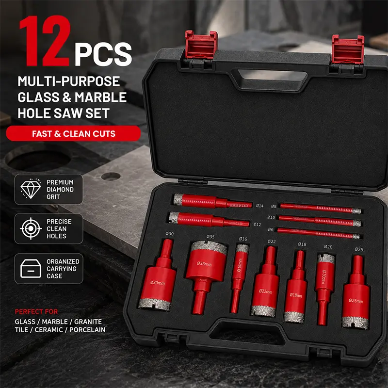 12-piece multifunctional glass and marble hole drill bit set, wet/dry diamond hole saw, stone enlargement drill bits, sharp cutting, wear-resistant and durable drill bit set, 6 mm–35 mm drill bits