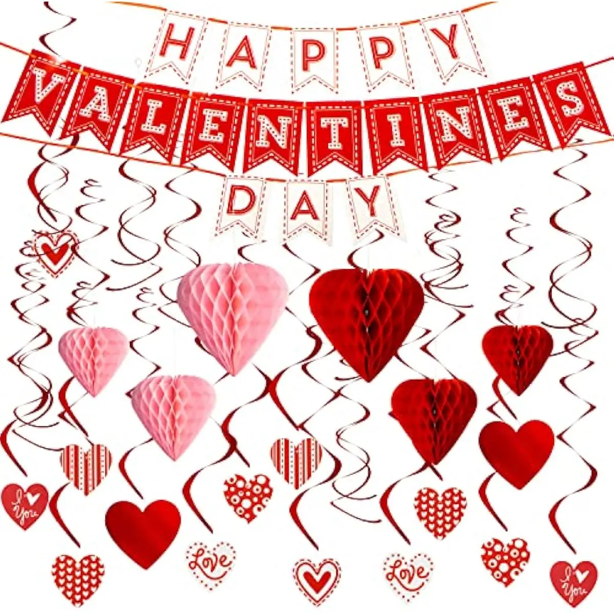 31 Pcs Valentines Day Swirl String Cutout,Decoration Kit with Banner, Garland, Foil Swirls, Hanging Swirls with Heart Pendant,Heart Honeycombs for Valentines Party, Wedding ,Anniversary
