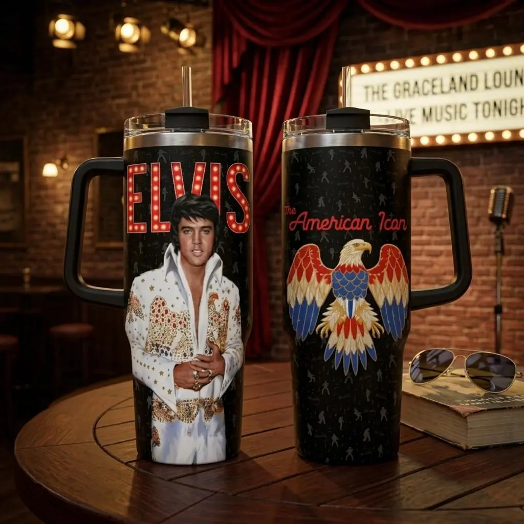 Elvis American Icon Tumbler, 30oz 40oz Rock Music Legend Travel Cup, Patriotic Eagle Graphic Drinkware, Handle And Straw Cup