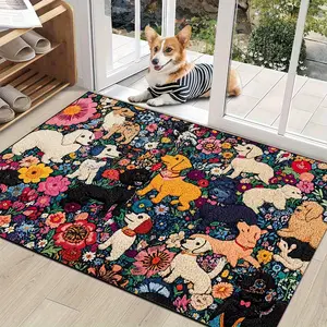 1pc washable entry mat in vintage style dog and flower pattern, velvet material for entry/laundry/living room, entry door trim, home decor, Decorative Area Rug, Washable Area Rug