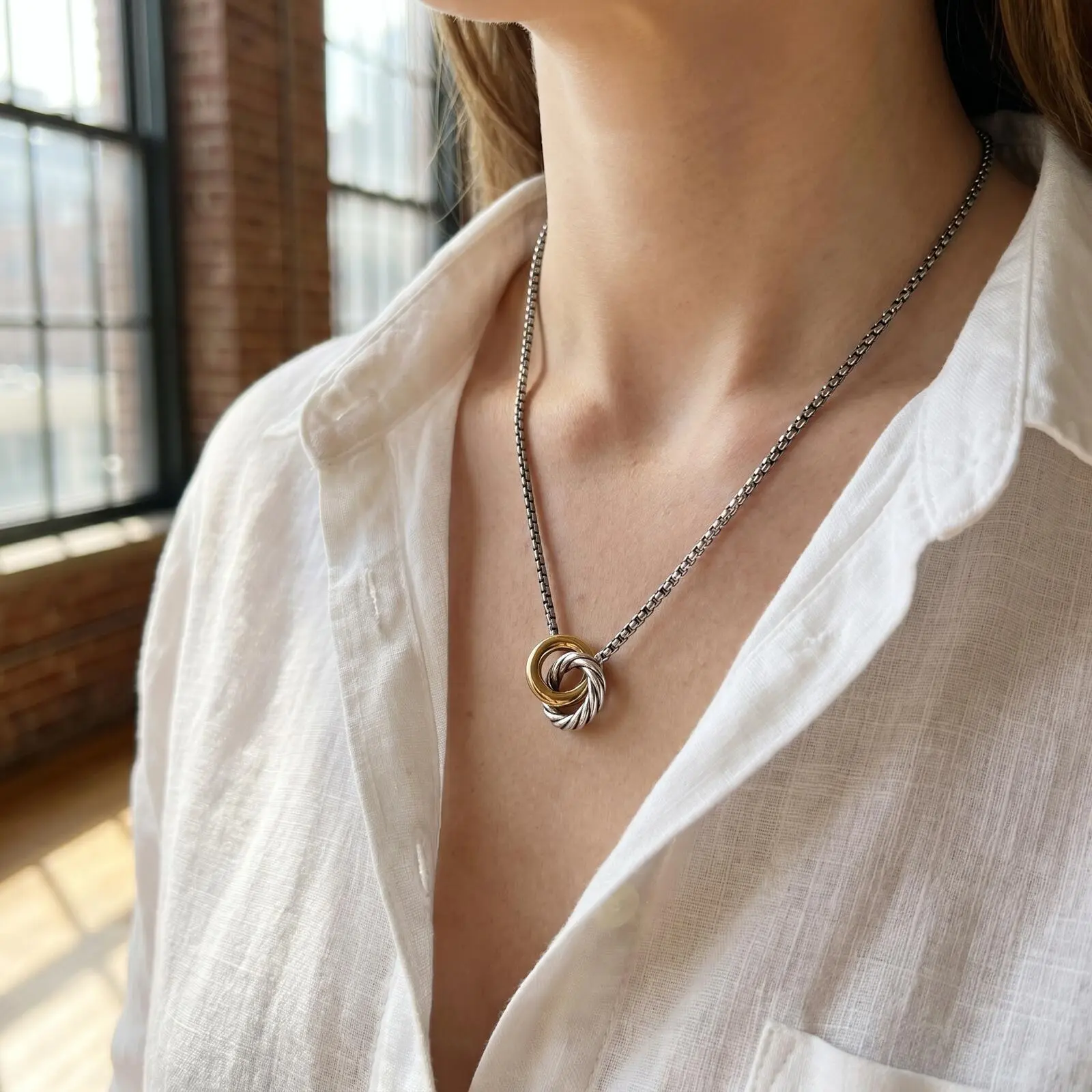 S925 Sterling Silver Color-Separation Double Ring Metal Pendant Necklace - Fine Jewelry, Elegant Retro Luxury Unisex Accessory for Daily Wear & Party Use, No Warning Applicable, Casual, Adults, Metal Fine Jewelry, All Seasons, Dainty Minimalist Pendant