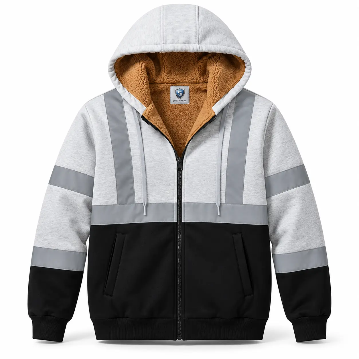 Men's Light Grey Soft Fleece High Visibility Reflective Work Safety Zip-Up Hoodie, Long Sleeve, Front Zipper, Reflective Stripes, Casual Menswear