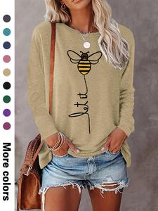 women's cartoon bee print round neck tee, casual chic long sleeve crew neck t-shirt for fall & winter, women's top for daily wear, tshirt