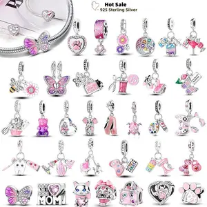 Pink Purple Series Charms 925 Silver Murano Glass Butterfly Animal Paw Print Clasp Charm Beads Fit Original Bracelet DIY Jewelry