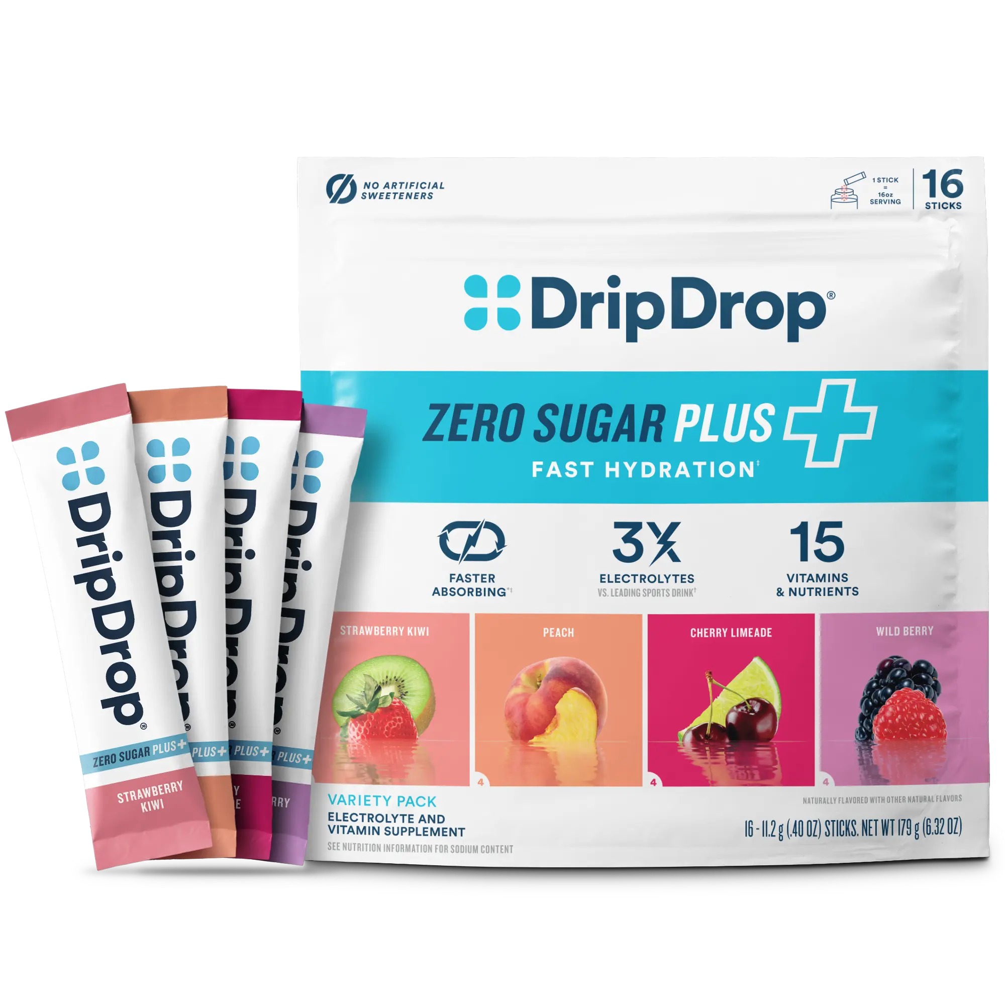 DripDrop Zero Sugar Plus, Strawberry Kiwi, Peach, Cherry Limeade, Wild Berry, 16 oz sticks, 16 count