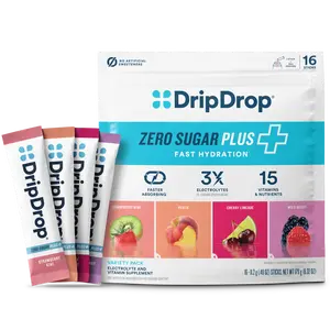 DripDrop Zero Sugar Plus, Strawberry Kiwi, Peach, Cherry Limeade, Wild Berry, 16 oz sticks, 16 count