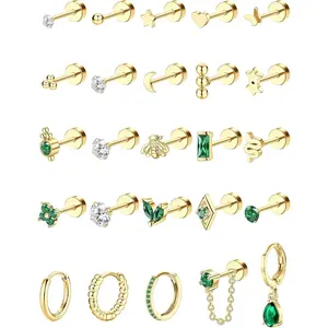 CASSIECA Women's 25-Count Hypoallergenic Surgical Steel Earring Stacking Set, 20G Small Flatback Studs & Hoops, Tarnish Free Anti-Rust Steel Earrings for Sensitive Ears, Multiple Piercings (Helix, Tragus)