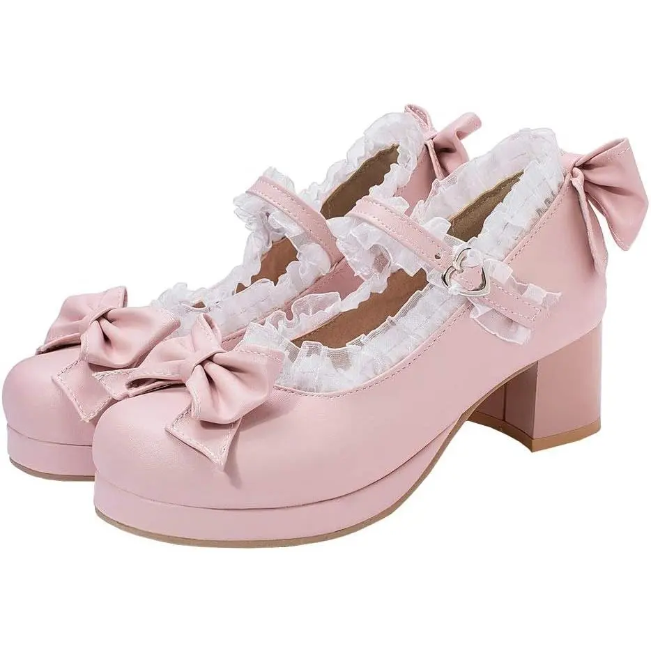 Female Retro Kawaii Round Toe Platform Mary Janes - Mid-Block Heel, Bow Detail, Chunky Heel, Casual Blush Pink Classy Pumps (Sports & Outdoor Accessory Complement), Cute