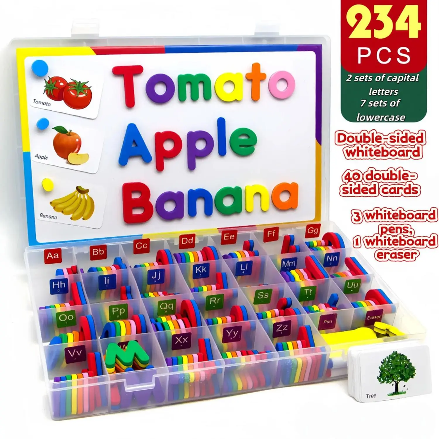 Magnetic Letter Learning Set, Includes 234 Magnetic Letters, Dual Whiteboard, 3 Markers, Eraser, Cards, Storage Box, Educational Materials, Preschool Alphabet Tool, Visual Learning Tools
