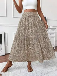 Women's Summer A-Line Long Dress, Small Floral Pattern, Casual Elastic Waistband, Pleated Hem, Elegant Fitted Skirt, Womenswear