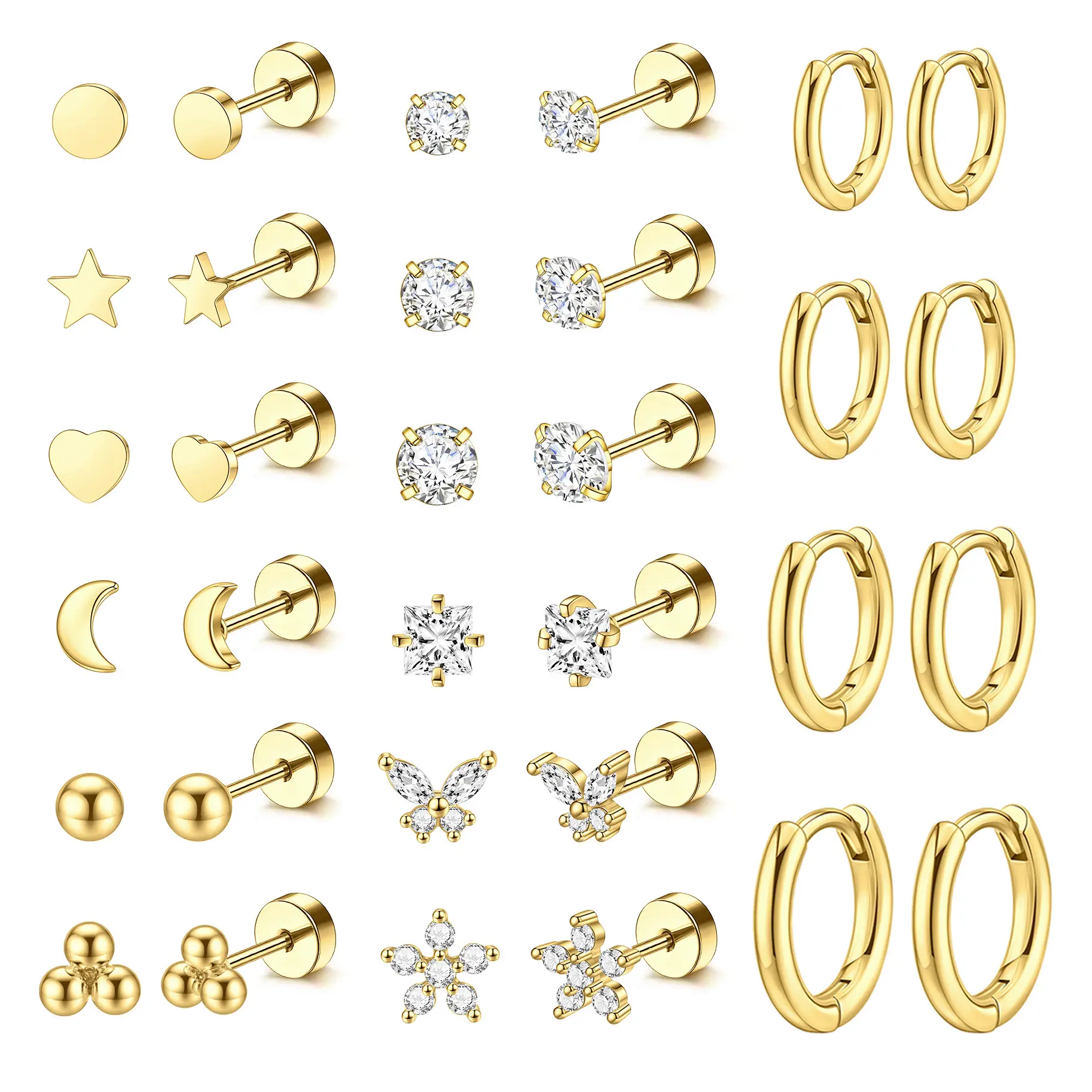 MILAKA 20G High Quality Hypoallergenic Surgical Steel Flat Back Post Earrings - Gold Dipped Hoop Studs for Cartilage Helix Piercings, Women's Comfortable Jewelry Set for Multiple Piercings, High Quality Earrings, Hypoallergenic Post Earrings