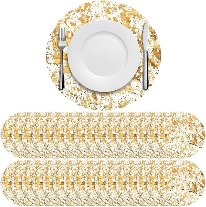 50 Pcs Disposable Gold Placemats Set 13 Inch Round Gold Foil Mesh Pressed Table Doilies Metallic Thin Mesh Table Runner for Home Decoration Dining Wedding Birthday Party campingessentials