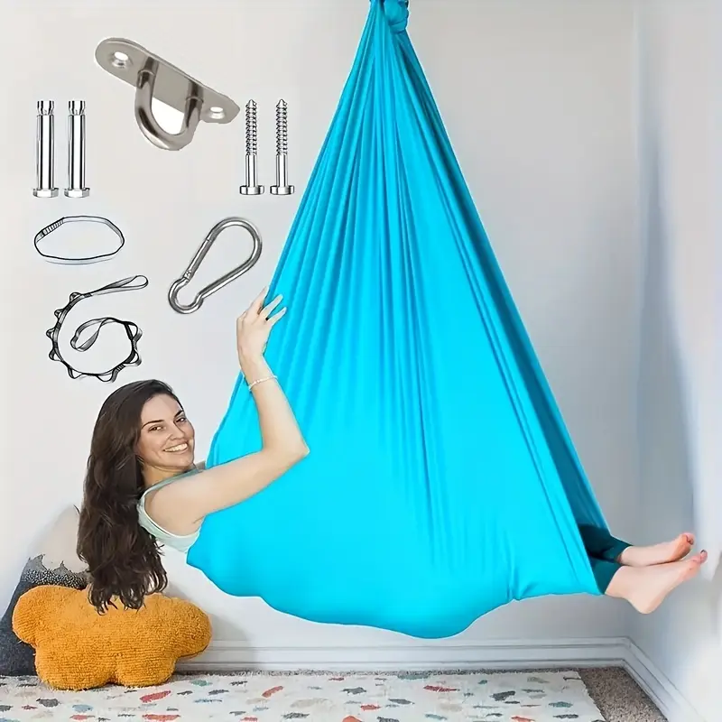Complete Yoga Hammock Swing Set with Hardware - 110x59 Inches Sky Blue - Machine Washable Polyester Elastic Fabric, Aerial Swing Hammock - Can Hold 220lbs - Suitable for Indoor and Outdoor Use - Great for Yoga, Outdoor Camping, Without Batt