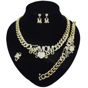 HUGS & KISSES Mom's 92 Gold-Plated Cuban Link Fashion Costume Gold Jewelry Set with Earrings