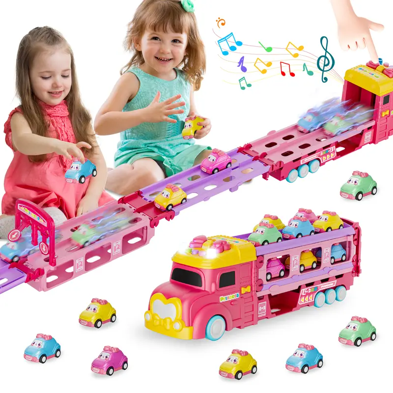 Durable Unicorn Remote Control Car Toy for 2-7 Years Girls - 1 Tyrannosaurus Truck, 6 Princess Cars, Garage Slot, Foldable Carrier, 2-Player Race Mode, Lights & Sounds, Push/Ride On, Kids Toy, Christmas Gift for Girls & Little Sisters, Girls Christmas Gif