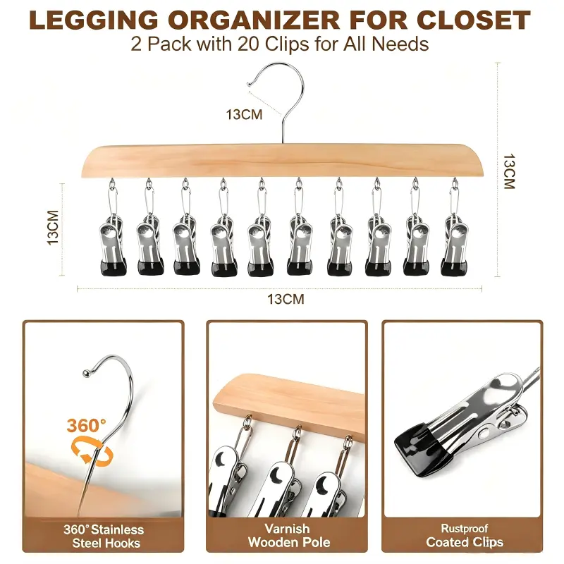 Legging Hanger for Closet Organizer with 10Clips ,1 Pack Wooden Yoga Pants HangerHolds 10 Leggings, Space Saving HangingCloset Organizer w/Rubber Coated ClosetOrganizers and Storage,Clothes Hanger withClips for Bra,Belt,Sock,Hat Hanging Organization