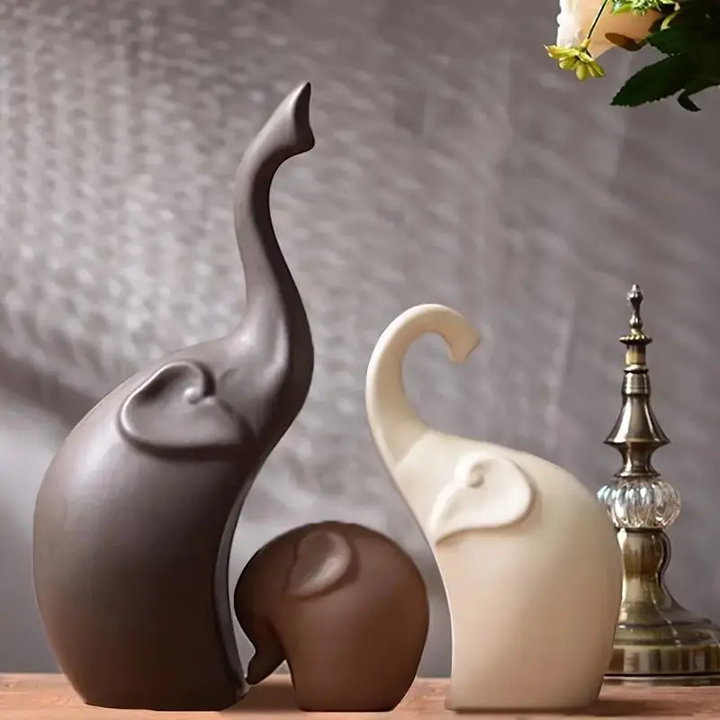 Elephant Design Ceramic Ornament, 3 Counts/set Modern Simple Elephant Statue Decoration Craft, Desktop Decoration for Home Living Room Bedroom Office