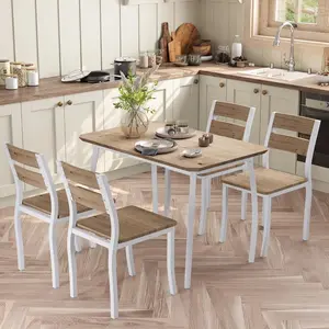 5 Piece Dining Table Set for 4, Space-Saving Kitchen Table with Wooden Seat Chairs, Compact Dinner Set for Small Spaces, Apartment, White & Wood Grain Color