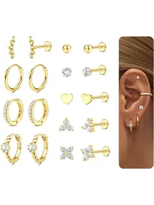 Gold Plated Threadless Flat Back Earrings 16G 18G Cartilage Earring Set Stainless Steel Helix Earrings for Women Flatback Stud 9Pcs Hoop Cartilage Earring Set for Multiple Piercing, Ear Cartilage Studs