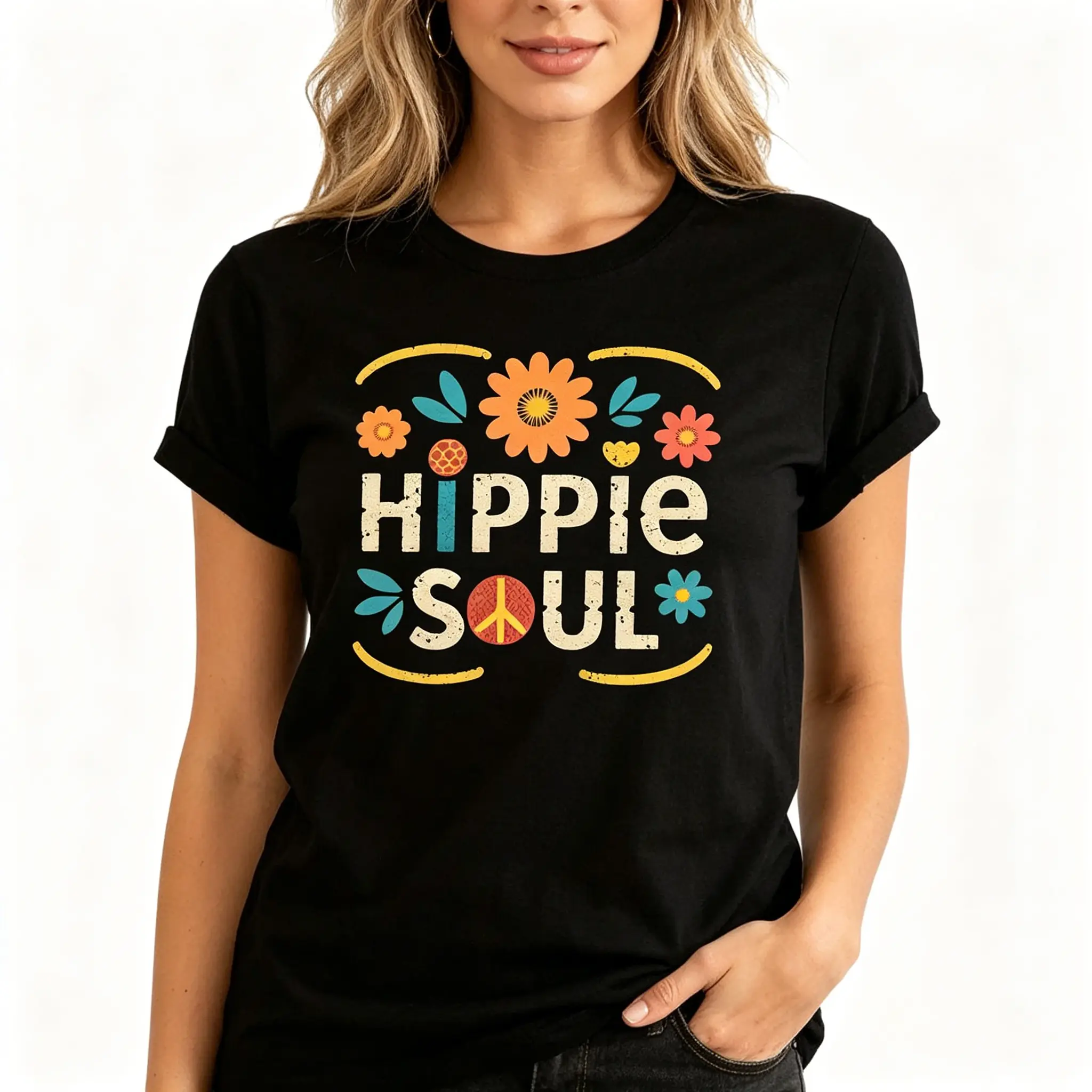 "Hippie Soul" Colorful Floral Graphic Tee |   Peace Logo Aesthetic Statement T-Shirt |   Women's & Men's Streetwear Casual Daily Wear Hippie Outfit Top