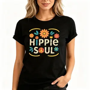 "Hippie Soul" Colorful Floral Graphic Tee |   Peace Logo Aesthetic Statement T-Shirt |   Women's & Men's Streetwear Casual Daily Wear Hippie Outfit Top