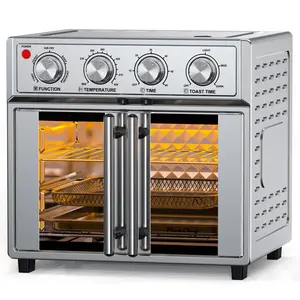 PlumChef 26QT Extra-Large French Double-Door Air Fryer Convection Toaster Oven, 1700W, 7 Preset Menus, 7-in-1 Multi-Function for Bake, Roast, Grilling,Toast,Dehydrate& Defrost, Stainless Steel,silvery