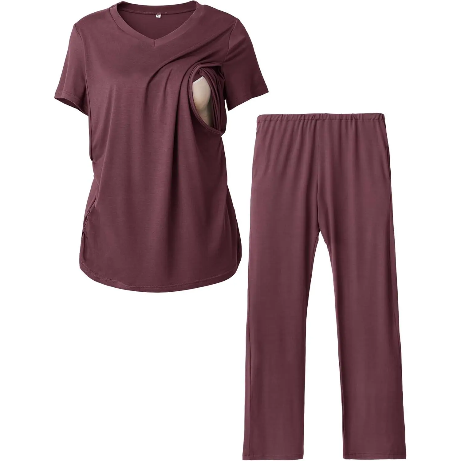 Women's 2-Piece Maternity Pajamas Set, Soft V-Neck Nursing Sleepwear with Pockets, All Seasons Postpartum Loungewear for Labor & Delivery, Pocket, Postpartum Clothes, Nursing Apparel