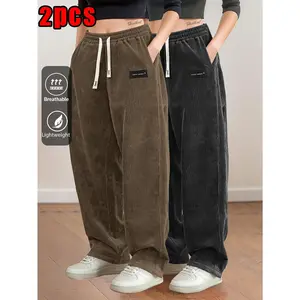 2pcs Women's Corduroy Pants, Spring/Autumn Elastic Waist with Drawstring, Back Pockets, Casual Trousers, Suitable for Casual, S, Dating, Etc.