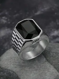 1pc Stainless Steel Inlaid Large-grain Square Cubic Zirconia Fashionable Men's Ring Bezel Rings Engagement