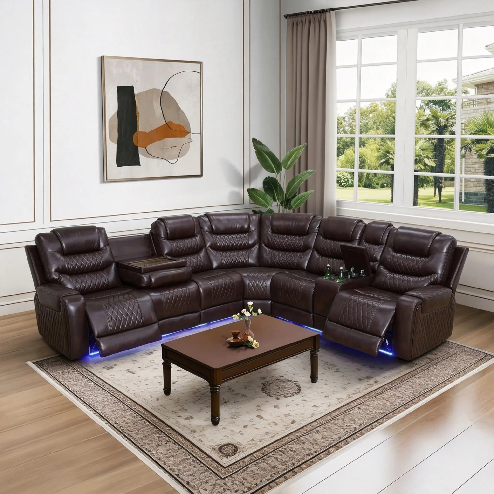 Dark Red Breathable Leather 3-in-1 Power Recline Curved Sectional Couch - Oversized Comfy Multiple-Seat Modular Recliner with Reclining Arms, Diamond Stitch Perforation, LED Base Lights, Center Tray, Wireless Charging Ports for Farmhouse Living Rooms, Com