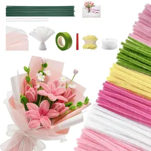 600 PCS 6 Colors Pipe Cleaners Craft Bulk Flower Kit, Chenille Stems with Floral Wires, Gardening Tape, Stamen, Wrapping Paper & Ribbon, Pink Gradient DIY Art and Craft Supplies