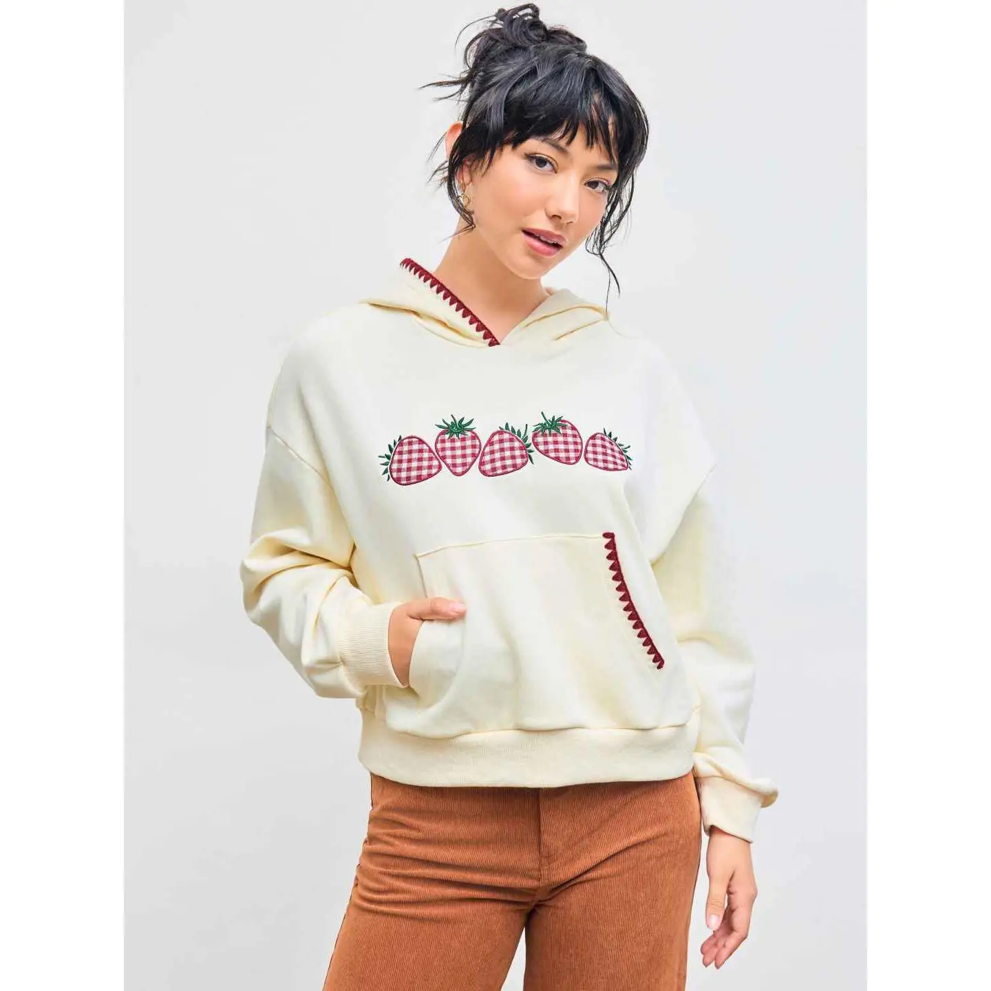 Cider [size 2-26] Cotton-blend Check Strawberry Pocket Hoodie