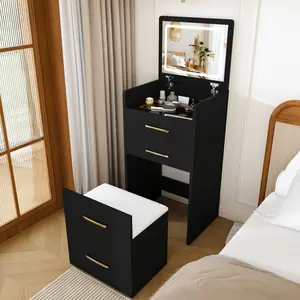 3 in 1 Vanity Desk with Plip Top Mirror and Lights,Compact Vanity Set with Visible Glass Desktop,Small Makeup Vanity Table with 3 Drawers,Cushioned Tool,3 Light Mode,Brightness Adjustable, Black