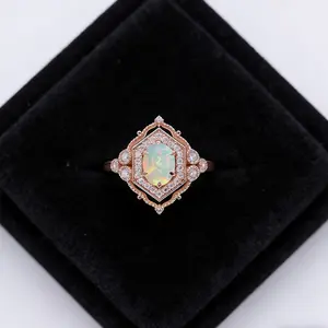 Vintage synthetic opal ring, made of rose gold metal, featuring vintage beaded edges and hollowed-out patterns, full of Victorian vintage court style, an exquisite vintage engagement ring, an elegant rose gold plated ring.Gift for her.