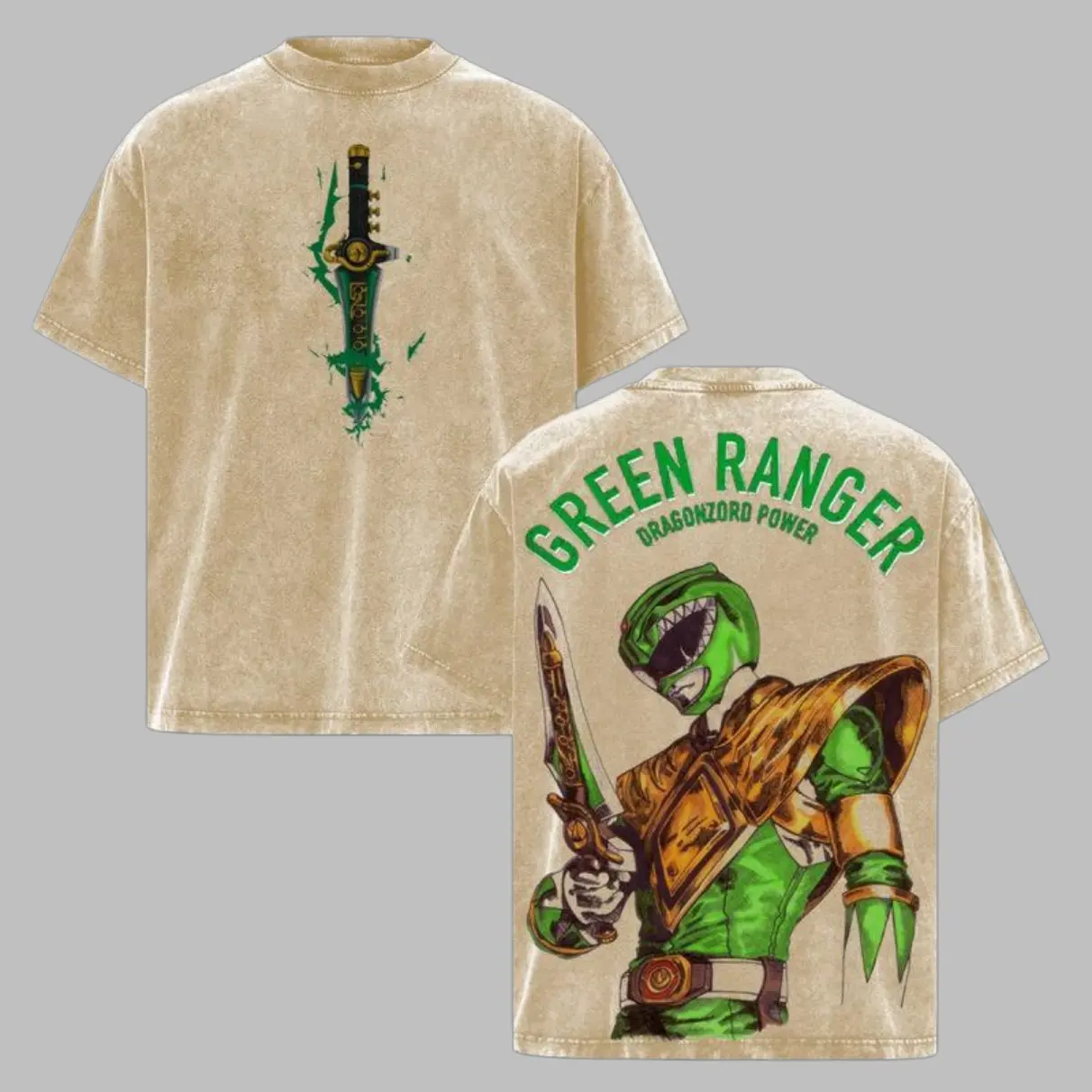 Men's Green Ranger Power Rangers Oversized Super Soft Wash Acid-Washed Double-Printed TV Series Graphic Cotton Streetwear Short-Sleeve T-Shirt