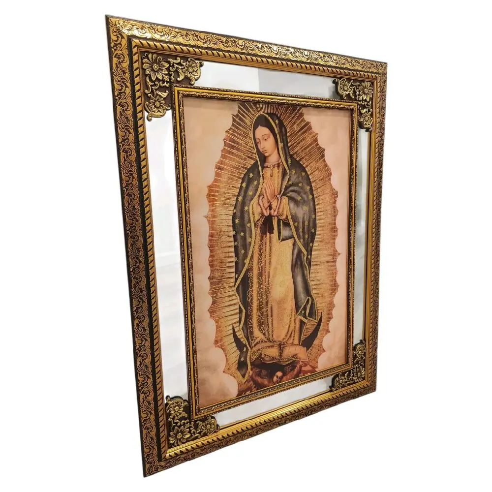 Virgen De Guadalupe 22"widex30"tall F313-M /FR718GU Mediano Gold-Tone Mirrored Frame Thin Light Weight Full Body Our Lady Of Guadalupe Fino Marco Delgado Fancy Imagen Cuadro Mother Mary Virgen Maria Religious art image, home decor, wall decor, church