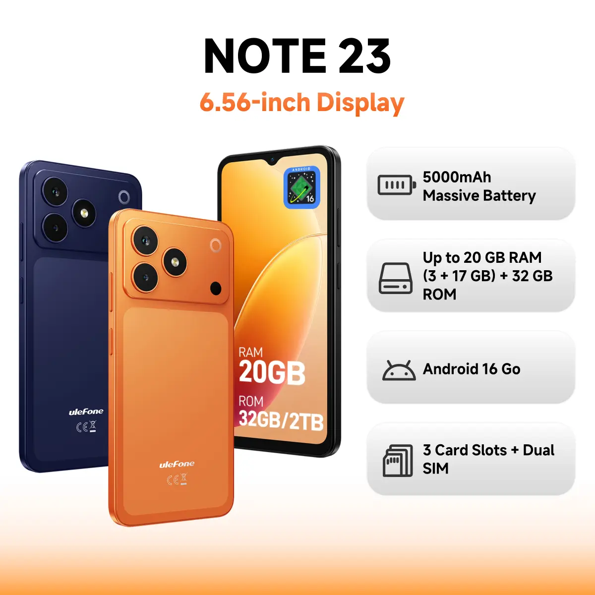Ulefone Note 23 Unlocked Smartphone, 6.56" 90Hz Display, 20GB RAM + 32GB ROM, 5000mAh Battery, Android 16 Go, Dual SIM + MicroSD (Black)