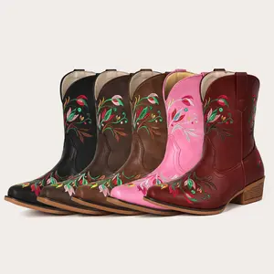 IUV Women's Flower Embroidered Ankle Cowgirl Boots Almond Pointed Toe Western Cowboy Style Chunky Heel Pull On Short Boots for Comfort Style Country Concerts Festivals Daily Wear Classic Booties Footwear Shoe SummerVibes