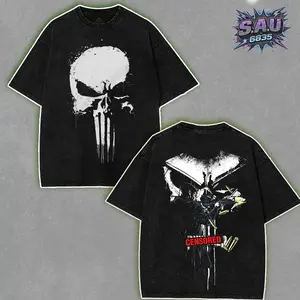 Tactical Skull Emblem Graphic Tee Vigilante Justice Illustration Distressed Art Heavyweight Acid Wash Boxy Fit Premium Oversized Cotton T-shirt for Men Women Streetwear Apparel Dark Grey Top